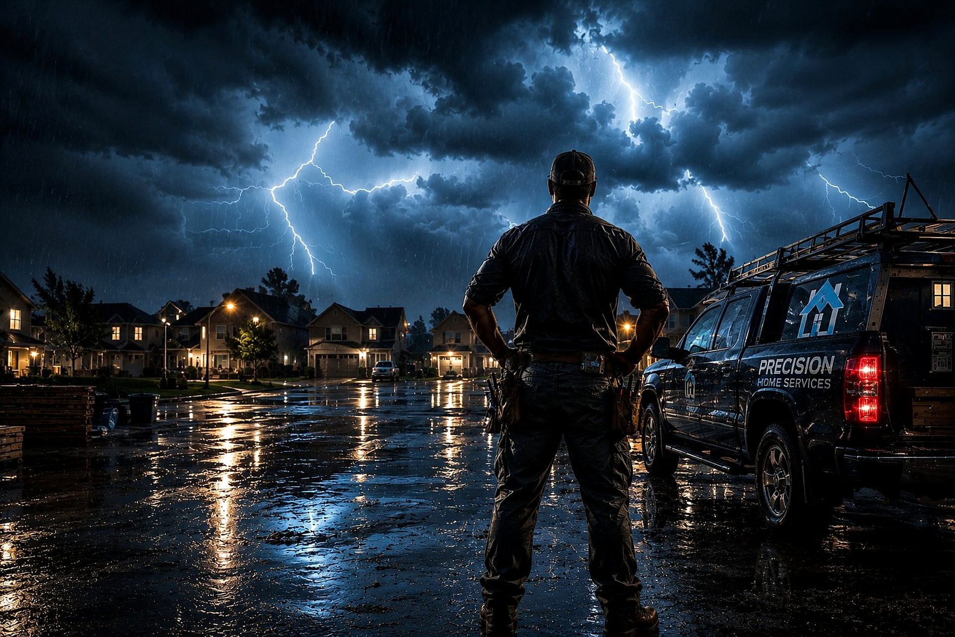 A contractor stands in a rain-soaked neighborhood under a lightning storm at night, the signals his business is sending radiating from his mind.